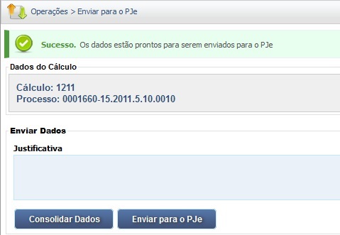 Tela de sucesso após envio do cálculo para o PJe