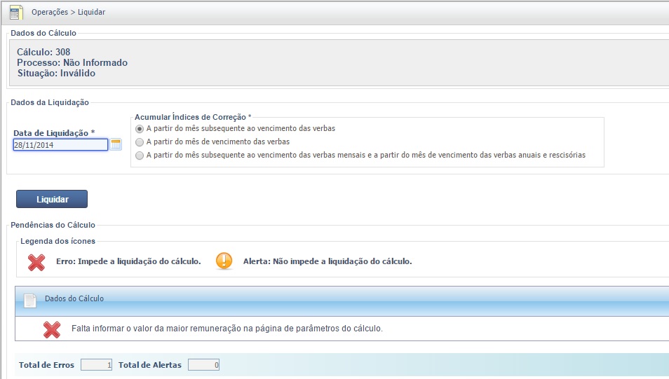 Tela Liquidar do PJe-Calc exibindo pendência classificada como erro em Dados do Cálculo