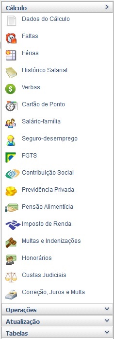 Menu lateral do PJe-Calc após salvar Dados do Cálculo com páginas como faltas, férias, histórico salarial e verbas