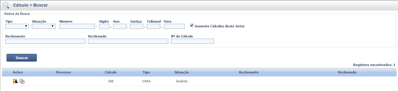 Tela Buscar Cálculo do PJe-Calc com lista de cálculos e ações de abrir ou duplicar