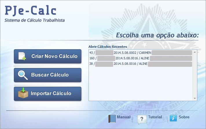 Página inicial do PJe-Calc com atalhos para criar novo cálculo, buscar cálculo e importar cálculo